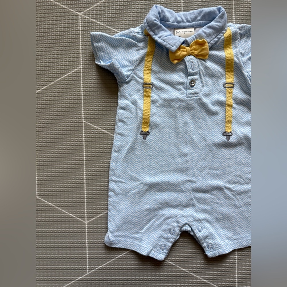 First impressions|Baby boy Light Blue summer Romper w Yellow Bow and Suspenders•